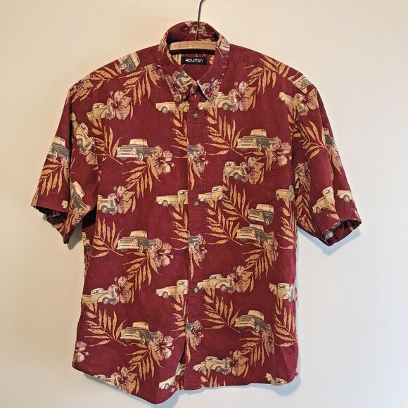 Puritan Hawaiian Shirt Red Old Pickup Trucks Large Short Sleeve Button Up Cotton - Picture 2 of 9